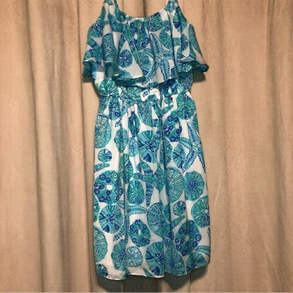 3/$25 Lilly Pulitzer Ocean Sea Urchin Flounce Dress XS Starfish Ruffle Blue